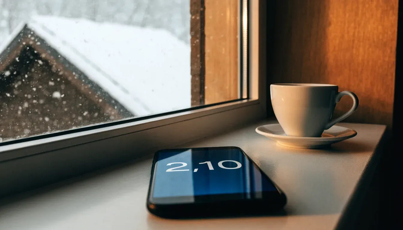 Eine Kaffeetasse und eine Brille stehen auf einem Fensterbrett, draussen fällt Schnee auf ein Dach.