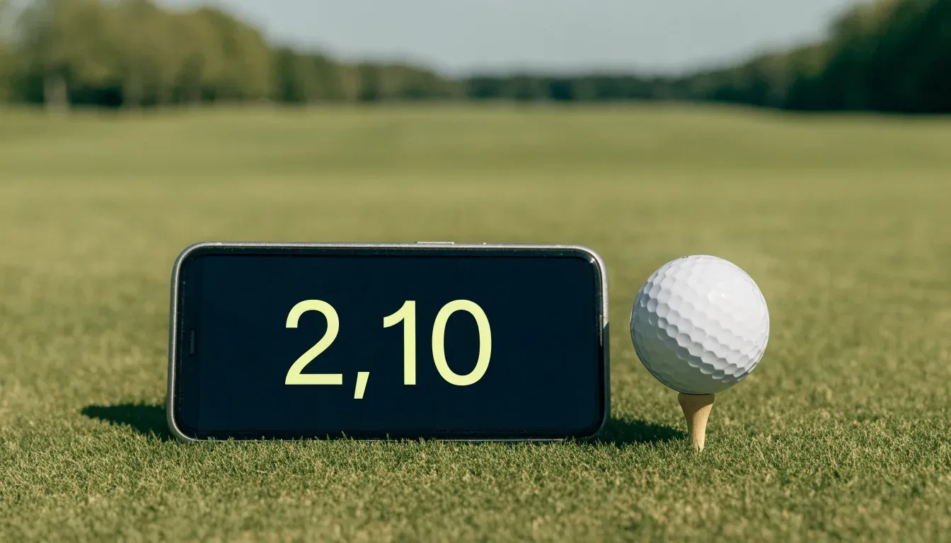 Ein Golfball liegt auf einem Holztee im Gras, scharf im Vordergrund, dahinter verschwimmt eine weite Wiese.