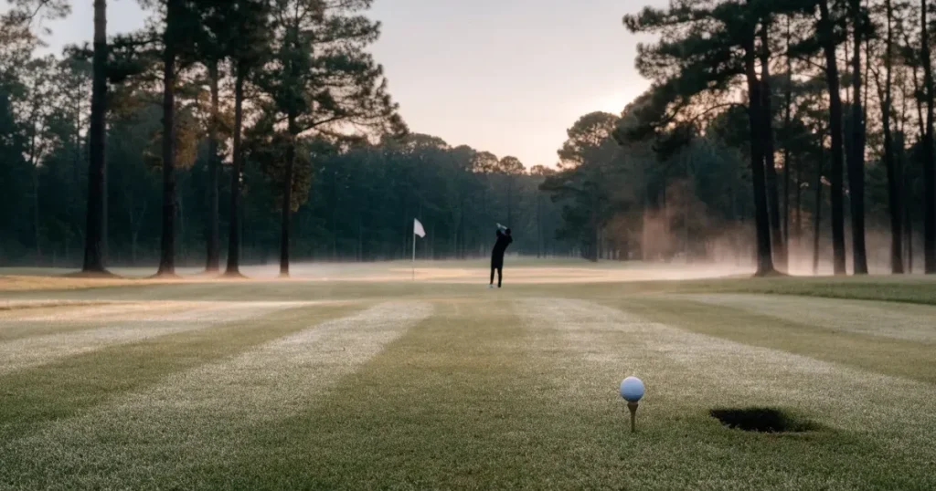Ein weites Fairway zieht sich im Dunst des frühen Morgens zwischen Föhren hin, Tau liegt auf dem kurzen Gras.