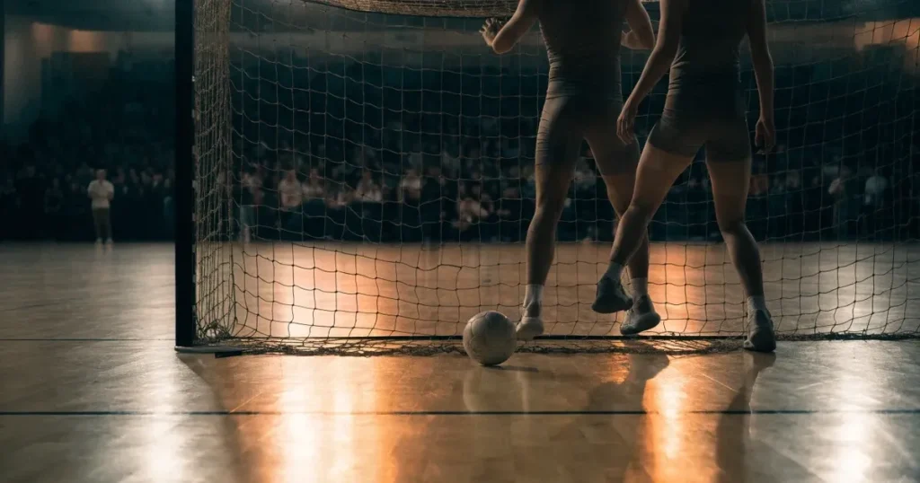 Ein Tor mit dicht gespanntem Netz steht in einer grossen Halle, davor liegt ein Handball auf der Torraumlinie.