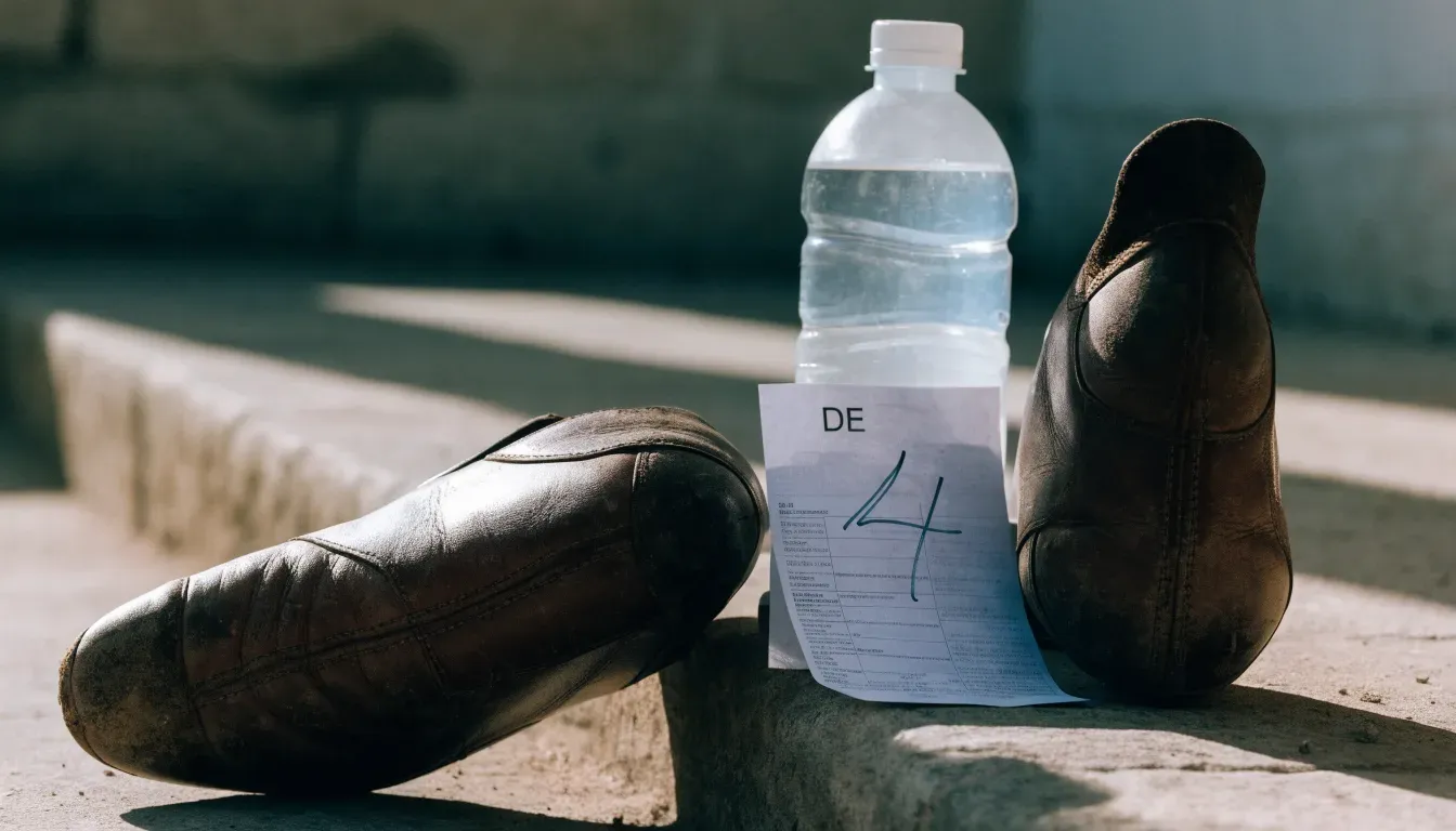 Ein Paar abgetragene Fussballschuhe steht neben einer Wasserflasche auf einer Treppenstufe im Sonnenlicht.