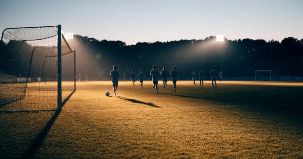 Ein Fussballplatz im Abendlicht mit langen Schatten der Torpfosten, die Rasenfläche leuchtet gelblich.