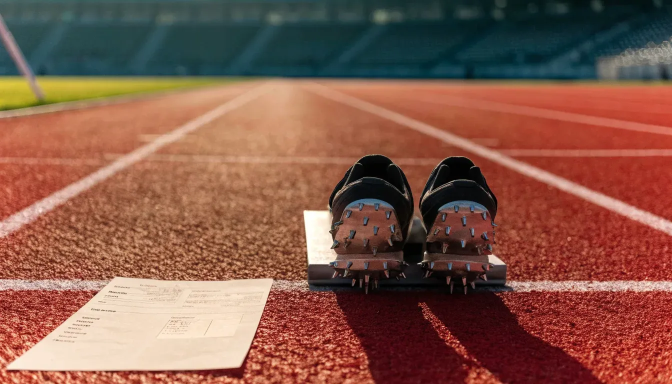 Ein Paar Laufschuhe mit Spikes liegt auf einer Tartanbahn neben einem Startblock, die Linien verlaufen in die Ferne.