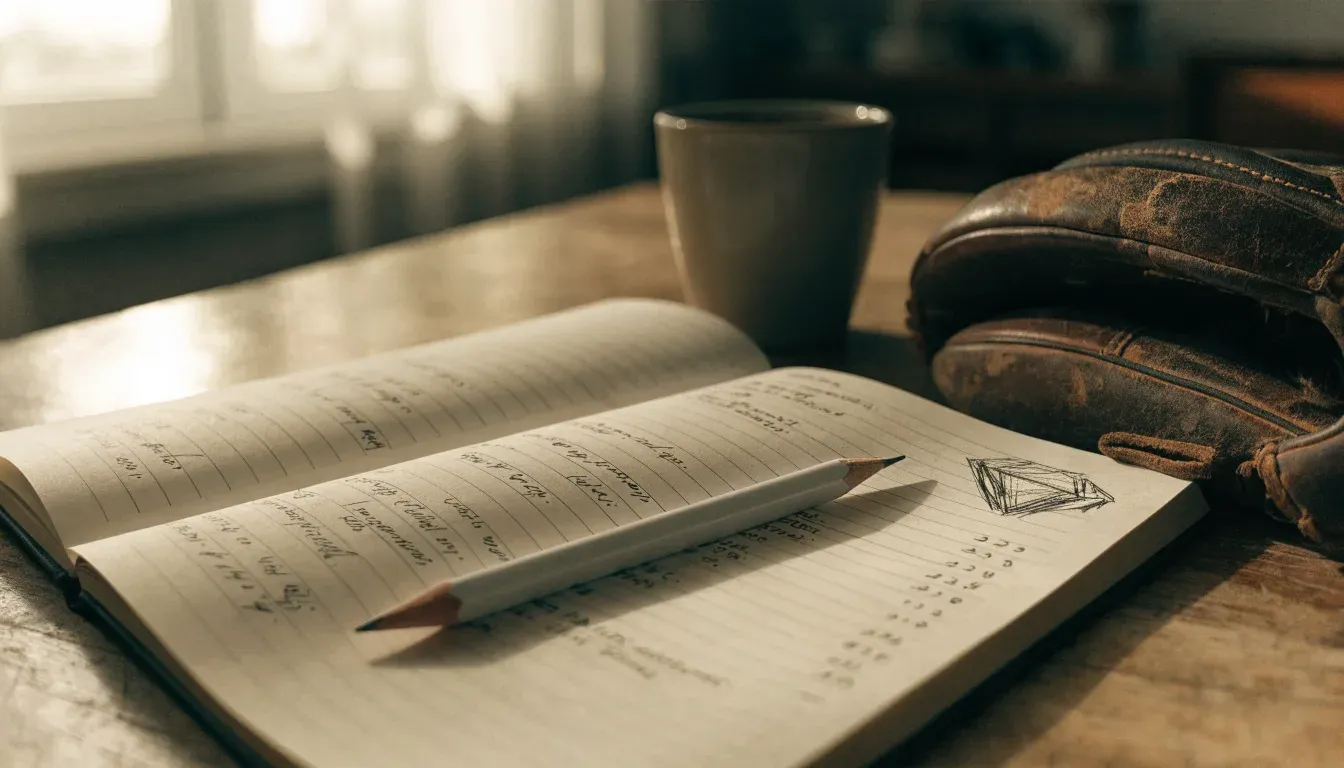 Ein aufgeschlagenes Notizbuch mit handgeschriebenen Notizen und ein Bleistift liegen auf einem Holztisch neben einem abgegriffenen Baseballhandschuh.