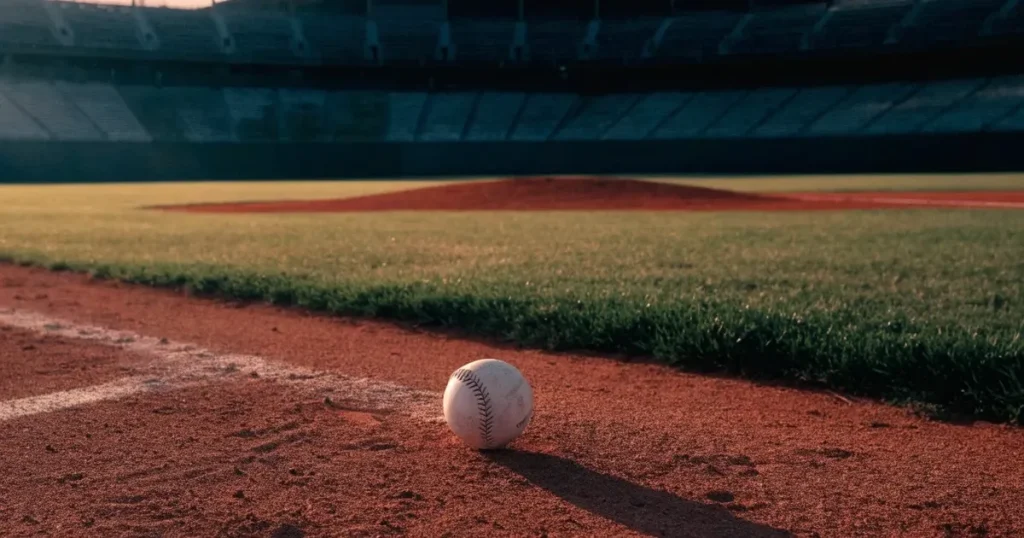 Ein weisser Baseball liegt auf rotbraunem Sand neben der Grundlinie eines leeren Stadions im warmen Abendlicht, die Ränge sind verlassen.