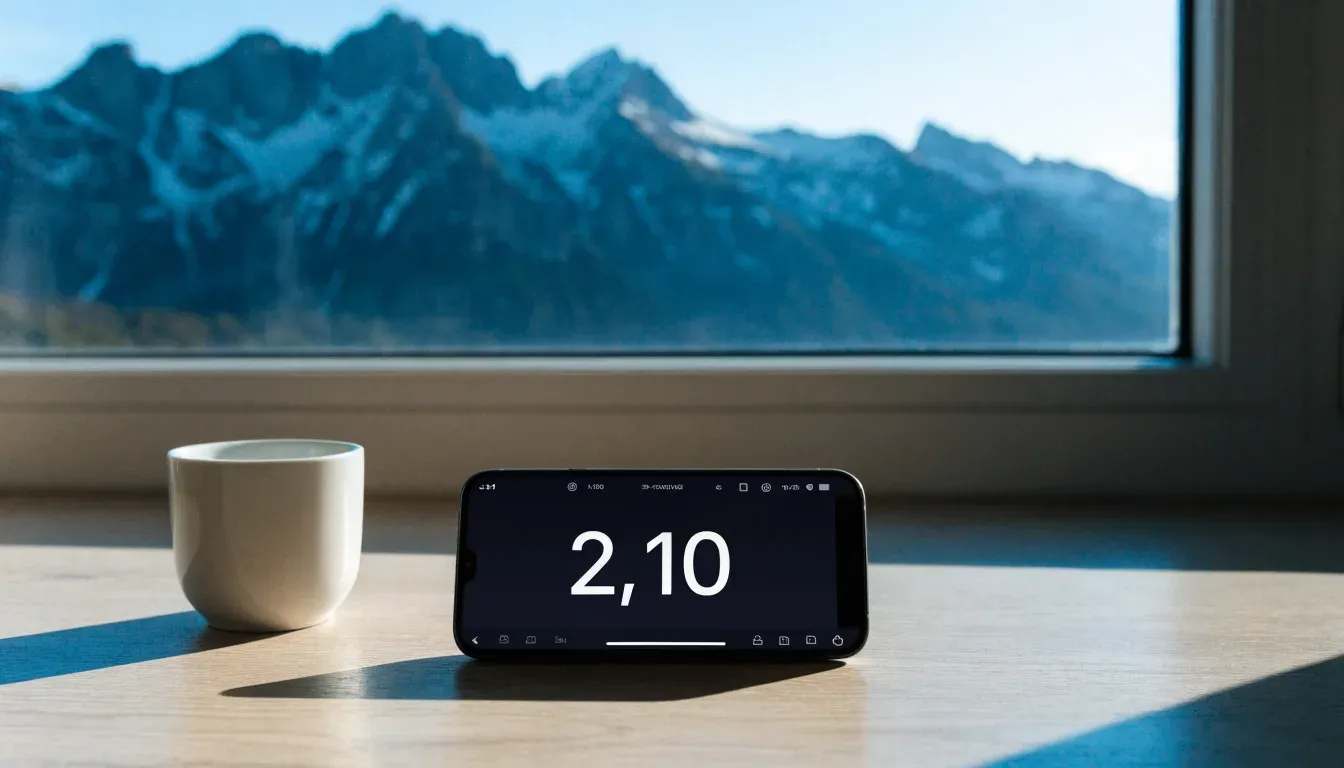 Ein Smartphone mit dunklem Bildschirm liegt auf einem hellen Schreibtisch neben einer Tasse, durch das Fenster dahinter sieht man eine Bergkette.