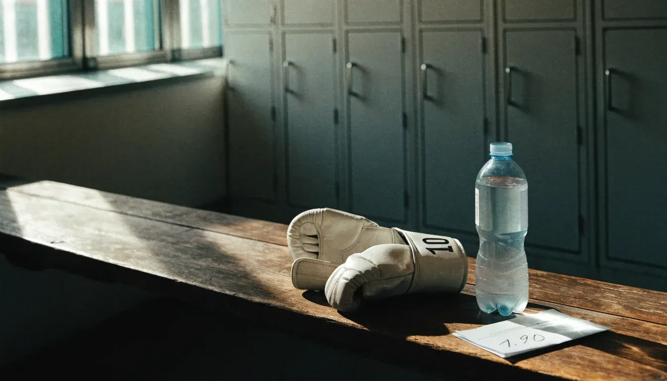 Ein Paar Kampfsporthandschuhe liegt auf einer Holzbank neben einer Wasserflasche in einer ruhigen Umkleide, durch ein hohes Fenster fällt Tageslicht.