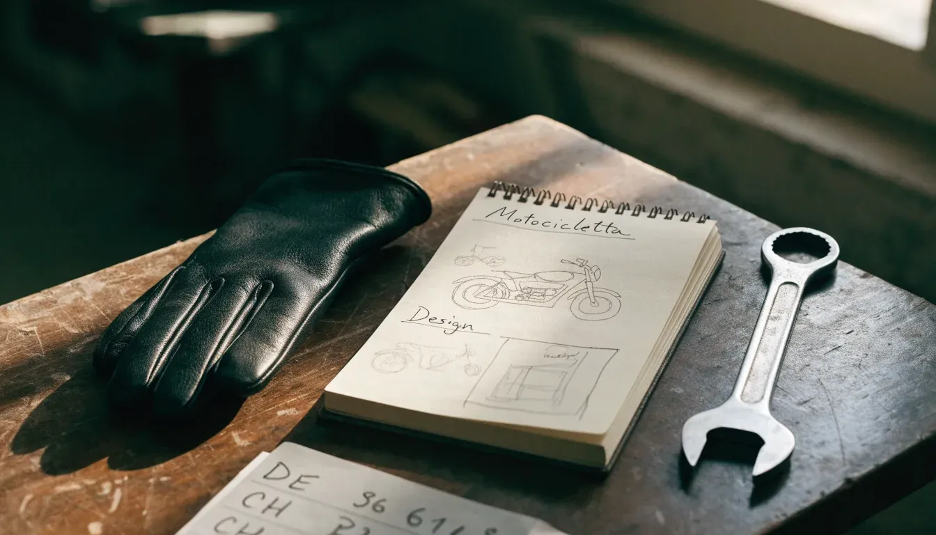 Ein Motorradhandschuh aus Leder liegt auf einer Werkbank neben einem Block mit handgezeichneten Skizzen und einem Schraubenschlüssel.