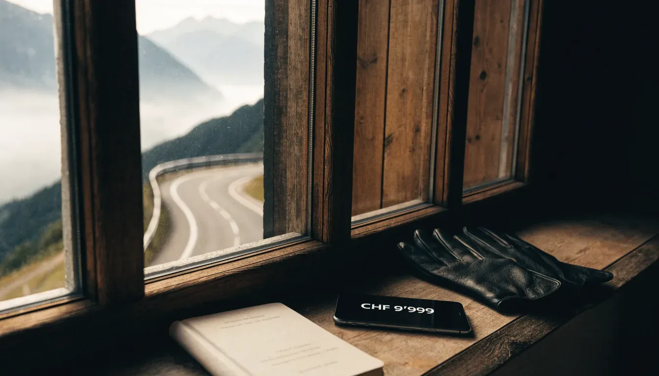 Eine Passstrasse in den Alpen mit enger Kurve und Leitplanke, darüber ein klarer Morgenhimmel und einzelne Nebelschwaden im Tal.