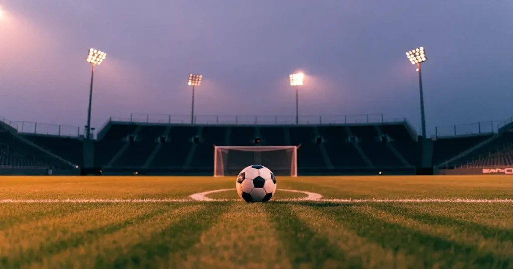Ein Fussball liegt auf dem Mittelpunkt eines leeren Rasens, im Hintergrund steigen steile Tribünen in der Dämmerung auf.