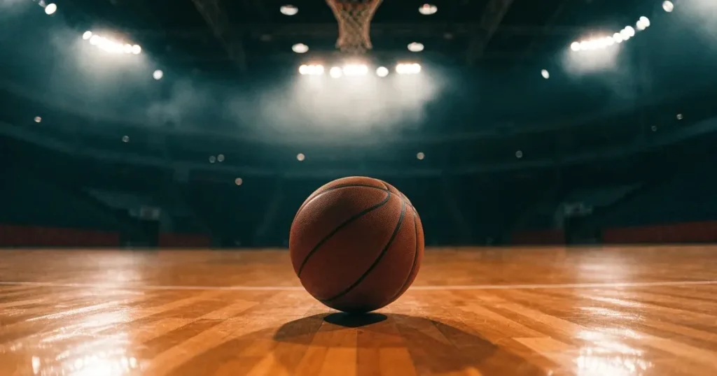 Ein orangefarbener Basketball liegt auf dem Parkett einer leeren Halle unter hellem Flutlicht, die Tribünen sind dunkel.