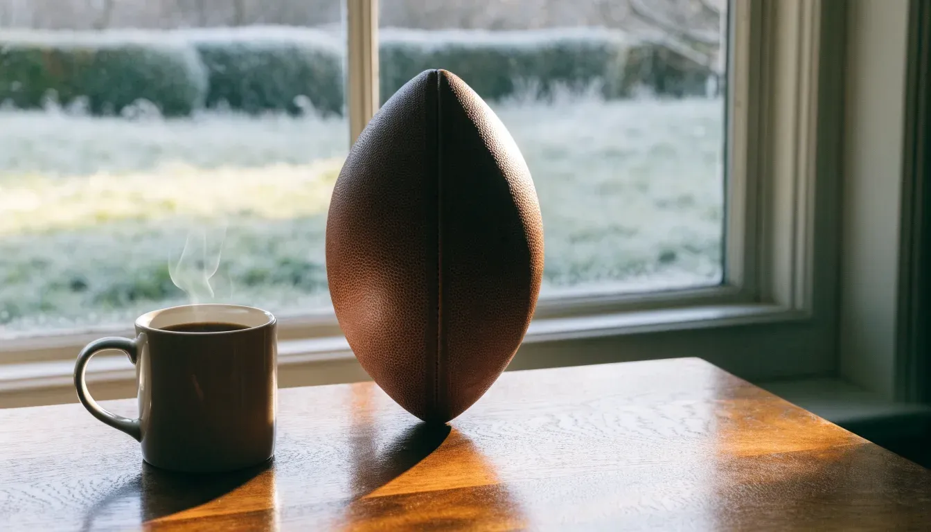 Ein Kaffeebecher und ein Football stehen auf einem Küchentisch am Morgen, durch das Fenster sieht man einen Garten mit Raureif.