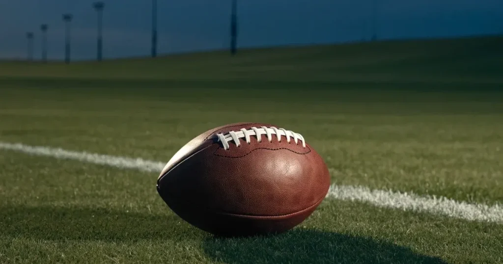 Ein ovaler Football liegt auf frisch gemähtem Rasen neben einer weissen Linie, im Hintergrund stehen leere Flutlichtmasten im Abendlicht.
