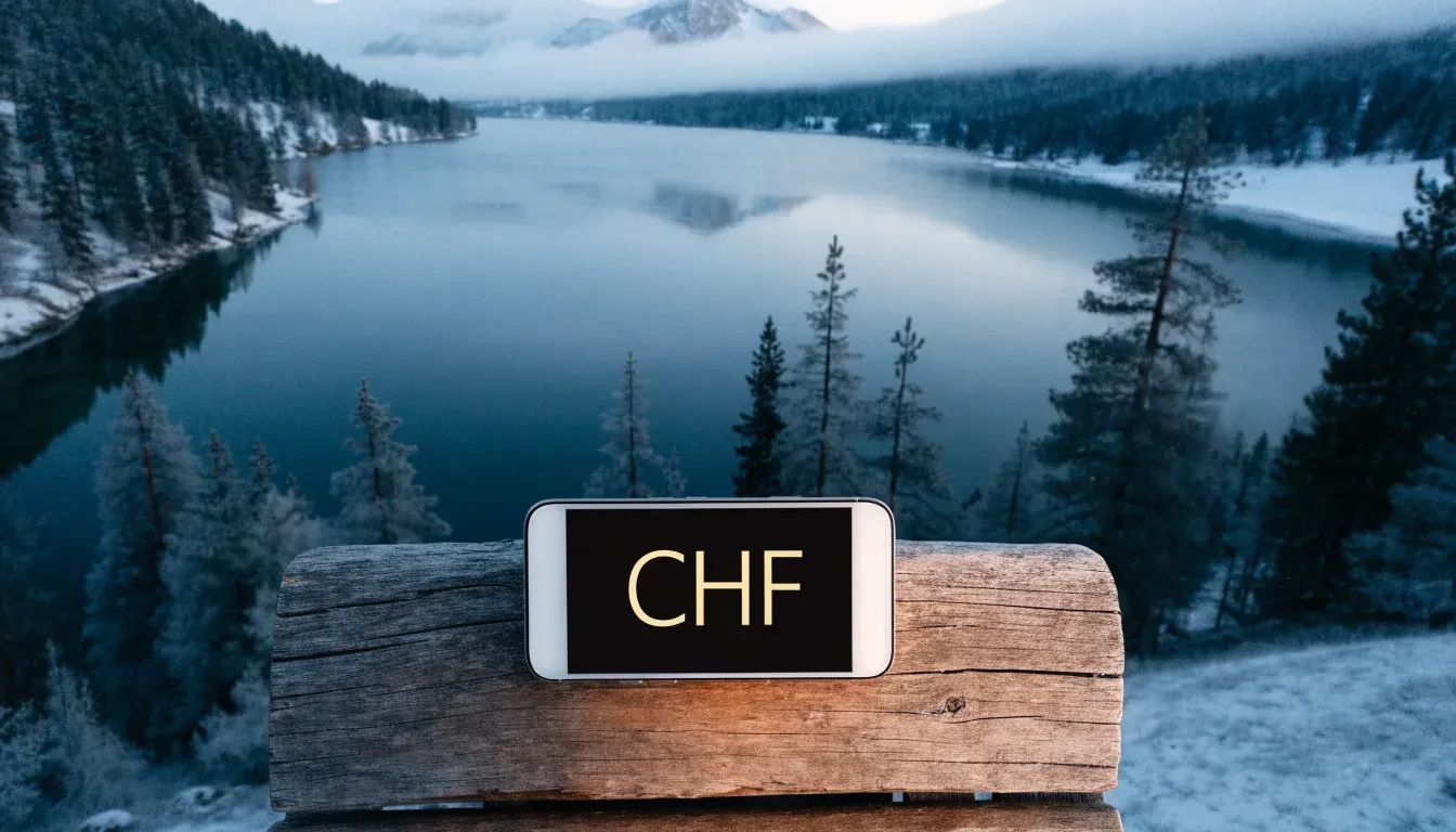 Ein zugefrorener Bergsee im Morgendunst, am Ufer steht eine einsame Holzbank zwischen verschneiten Tannen.