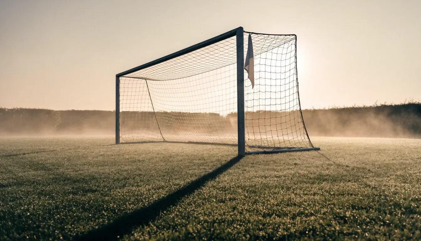 Ein Fussballtor mit Netz in der Totalen auf einem leeren Platz, Tau glänzt im Gras und die Morgensonne steht tief.