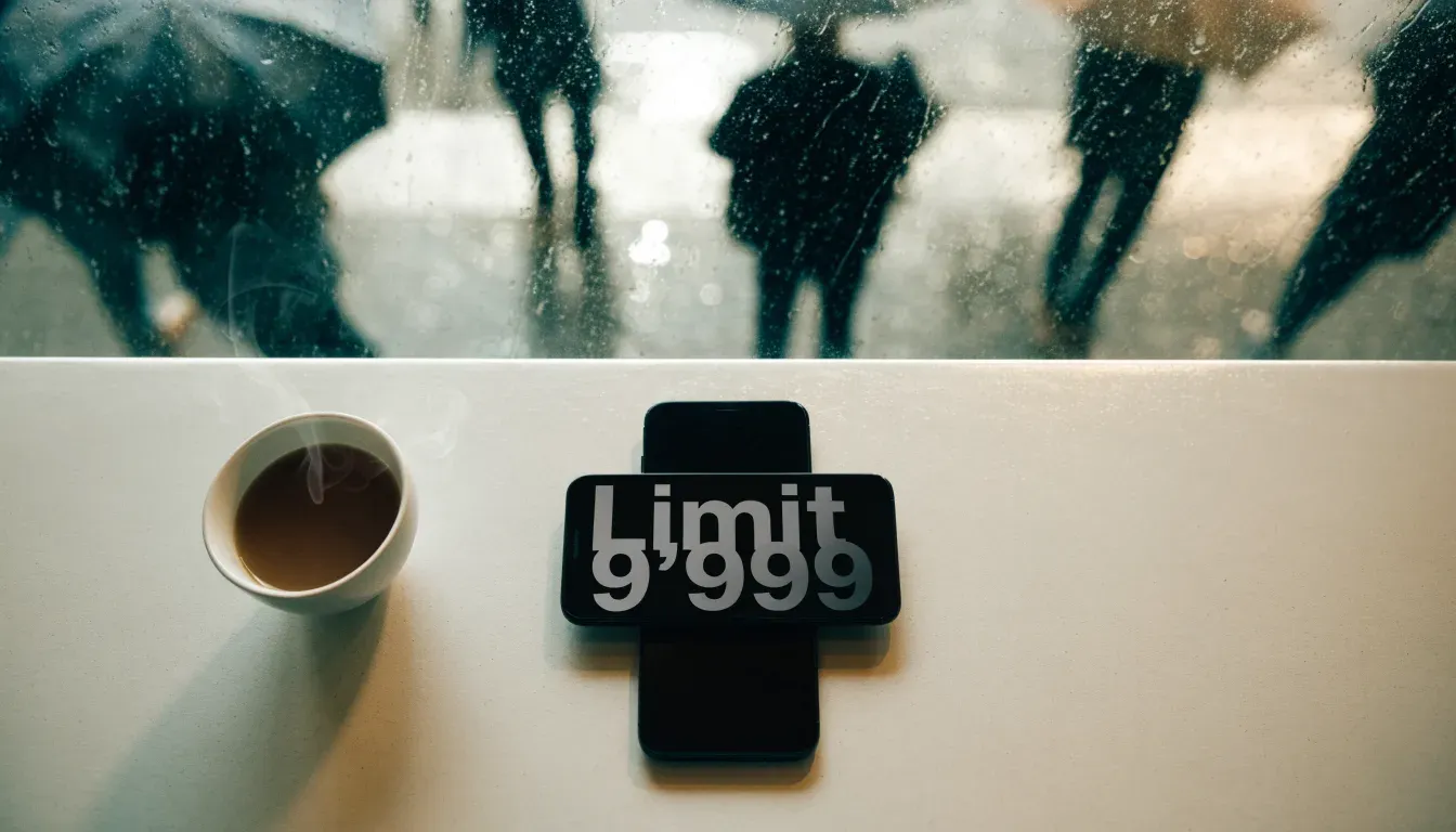 Ein Café-Tisch am Fenster mit einer Teetasse, draussen ein nasser Gehweg und Passanten mit Regenschirmen in unscharfer Ferne.