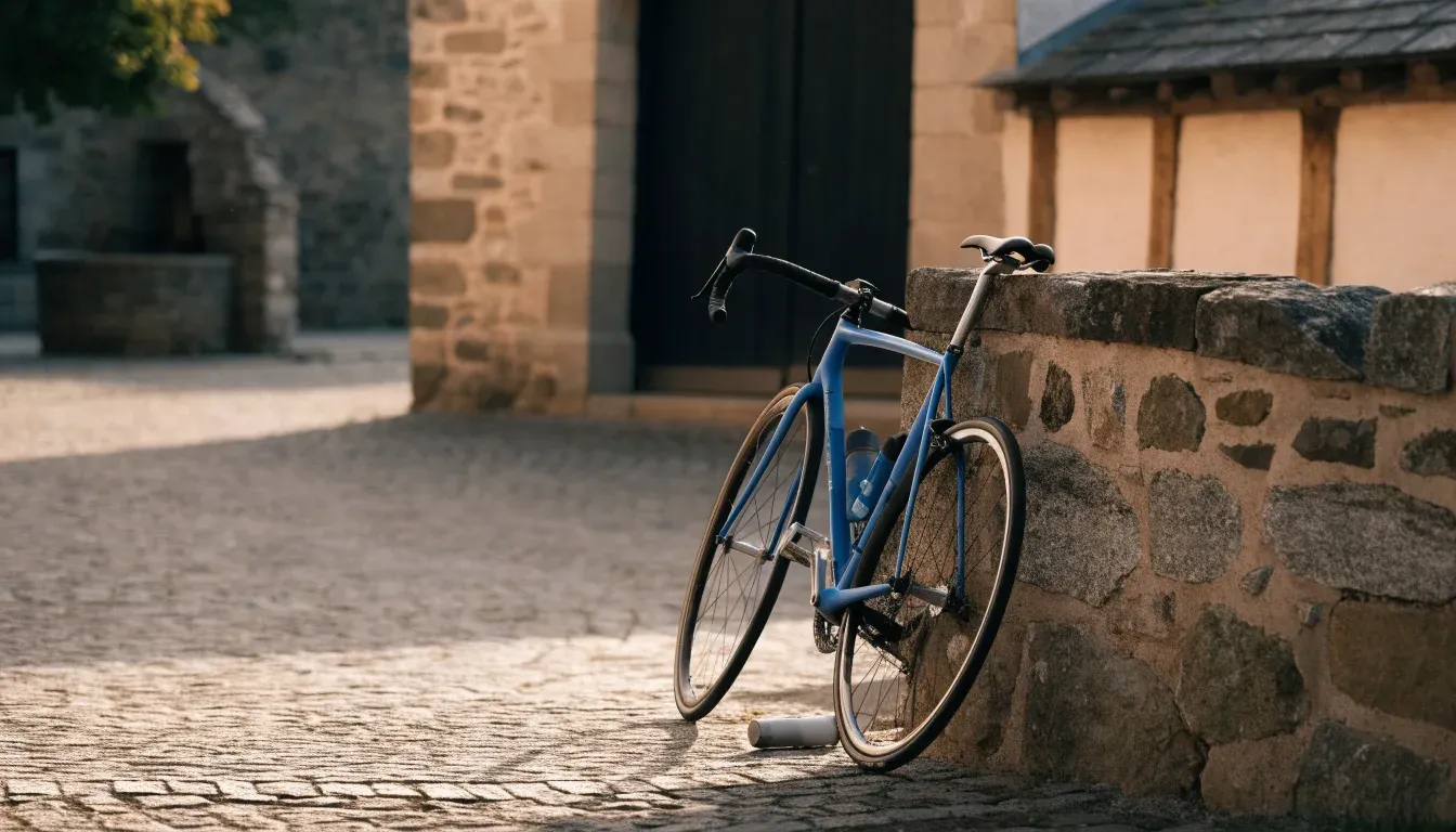 Ein Rennrad lehnt an einer Steinmauer am Rand eines Dorfplatzes, daneben eine Trinkflasche im ersten Sonnenlicht.