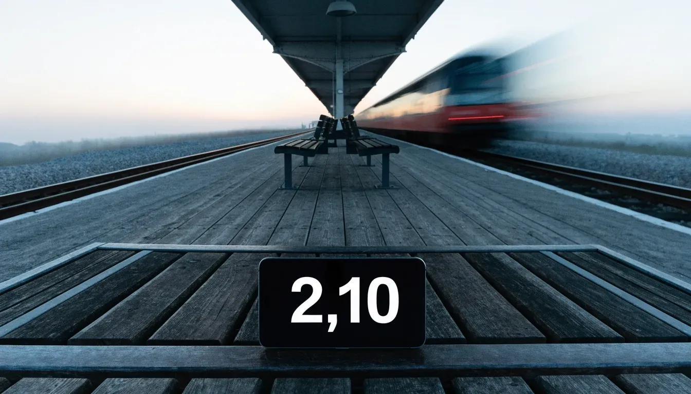 Ein Bahnsteig mit leeren Bänken an einem Regionalbahnhof am Morgen, ein Zug fährt in der Ferne ein.