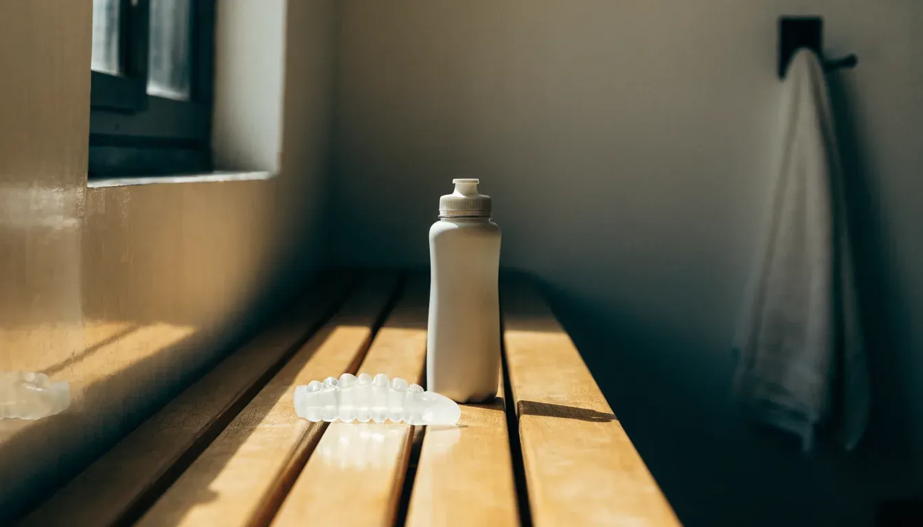 Ein Mundschutz liegt auf einer Holzbank neben einer Trinkflasche in einer schlichten Kabine, durch das Fenster fällt Morgenlicht.
