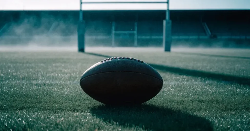 Ein ovaler Rugbyball liegt auf feuchtem Rasen vor zwei hohen Torstangen, hinter dem Spielfeld steigen Nebelschwaden auf.