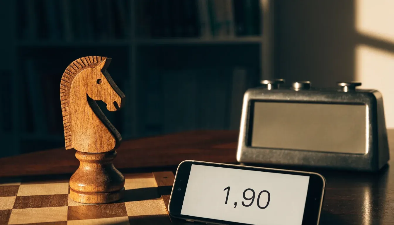 Ein Springer aus Holz steht allein auf einem Brett neben einer Schachuhr aus Metall, im Hintergrund unscharfe Bücherregale.