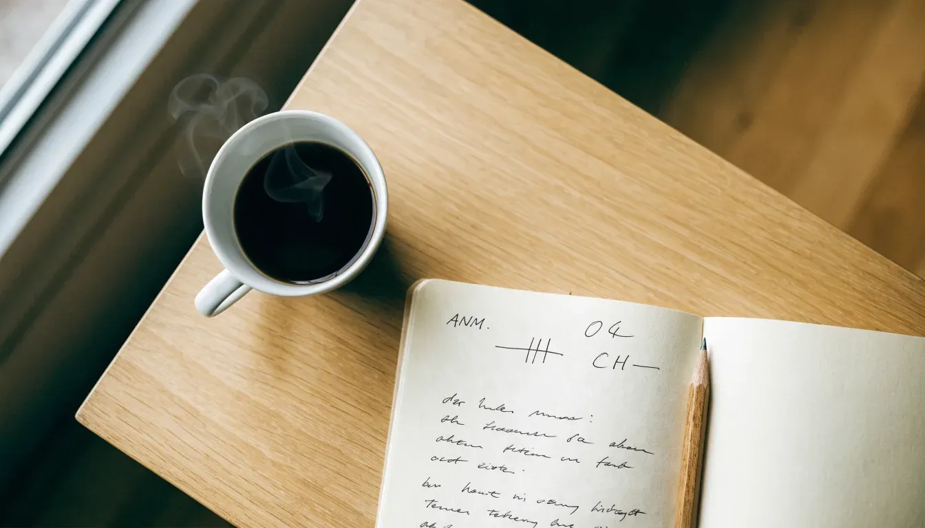 Ein aufgeschlagenes Notizbuch mit handschriftlichen Skizzen neben einem Bleistift und einer Kaffeetasse auf einem Holztisch.