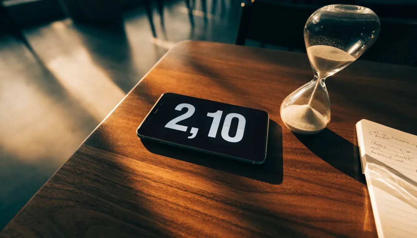 Eine Sanduhr steht auf einem Holztisch neben einem umgedrehten Smartphone, warmes Licht fällt von der Seite ein.