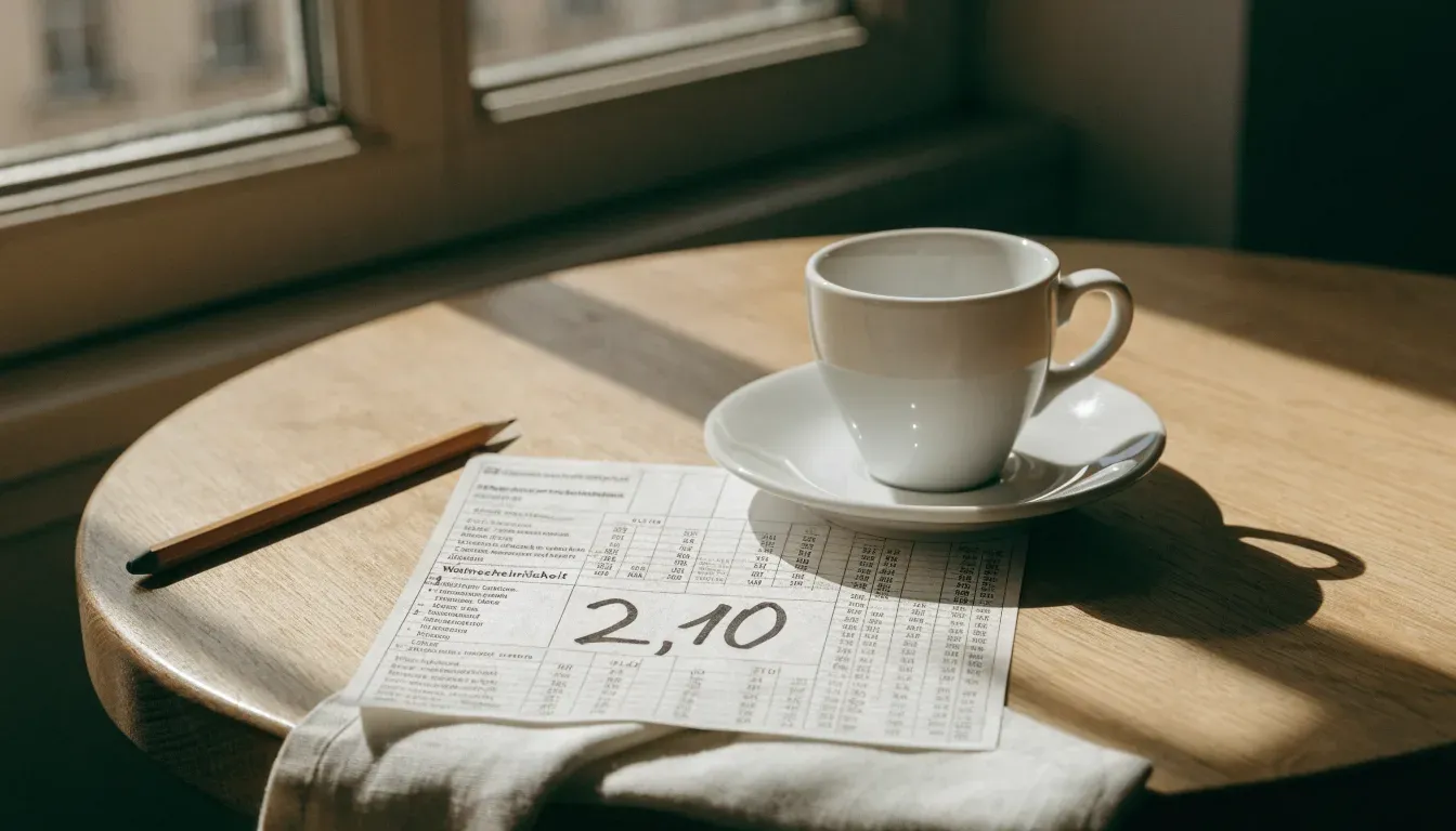 Eine Espressotasse und ein Bleistift liegen auf einem Caféhaustisch neben einer gefalteten Stoffserviette im Licht der Morgensonne.