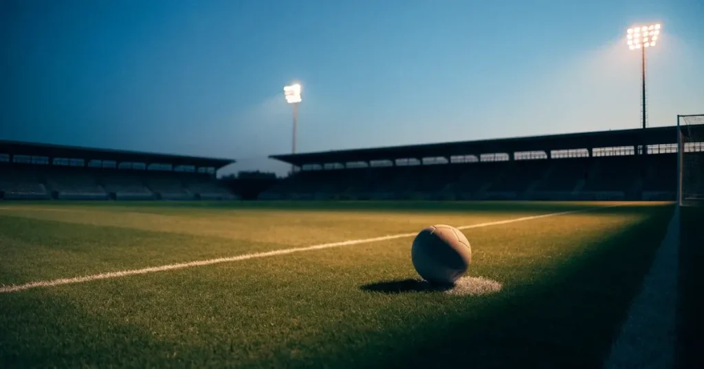 Ein Fussball liegt auf dem Anstosspunkt eines leeren Rasenplatzes in der Abenddämmerung, dahinter leuchten Flutlichtmasten über einer Tribüne.