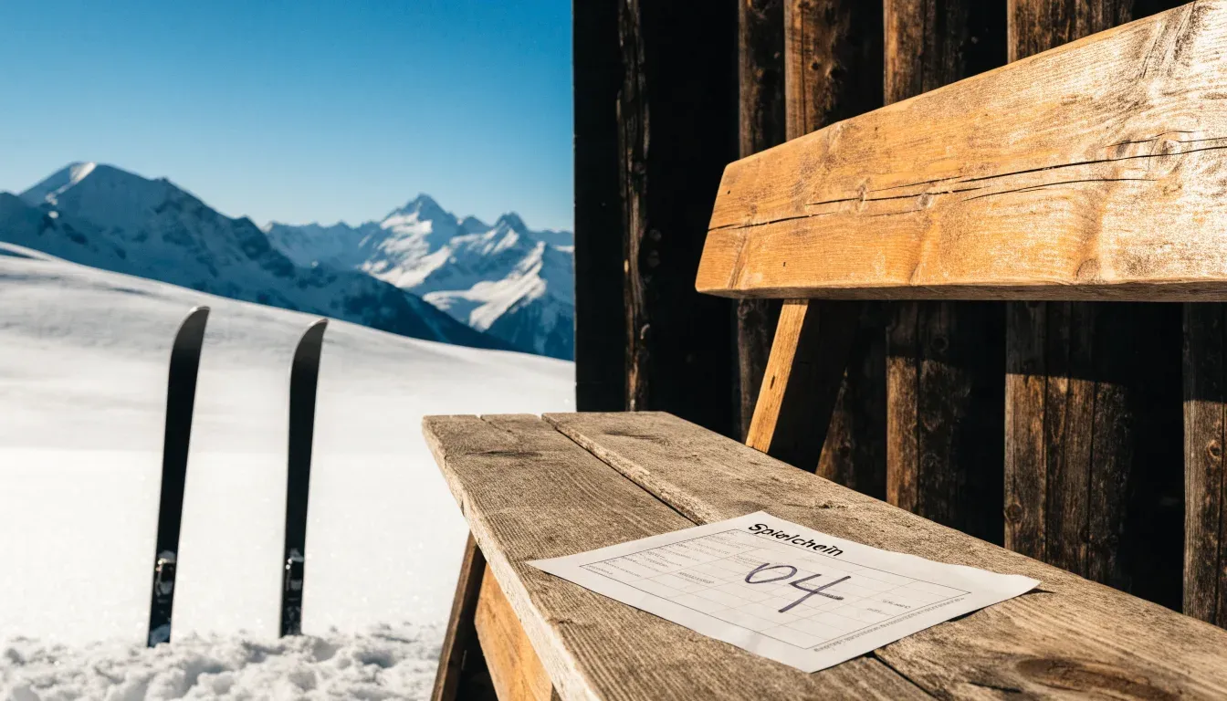 Zwei Skier stecken aufrecht im Schnee neben einer Holzhütte, dahinter ein weites Alpenpanorama bei klarem Himmel.