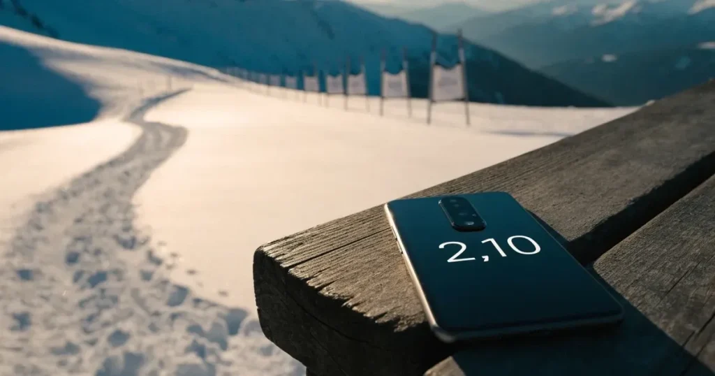 Ein frisch präparierter Hang mit Slalomstangen in einer Reihe im ersten Morgenlicht, Schneespuren im Hang und Berge im Hintergrund.
