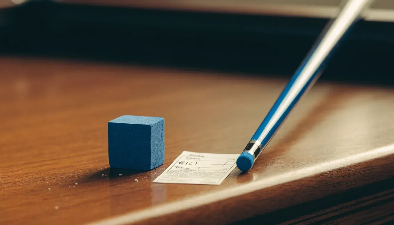 Ein blauer Kreidewürfel und eine Queuespitze liegen am Rand eines Holztischs im weichen Seitenlicht.