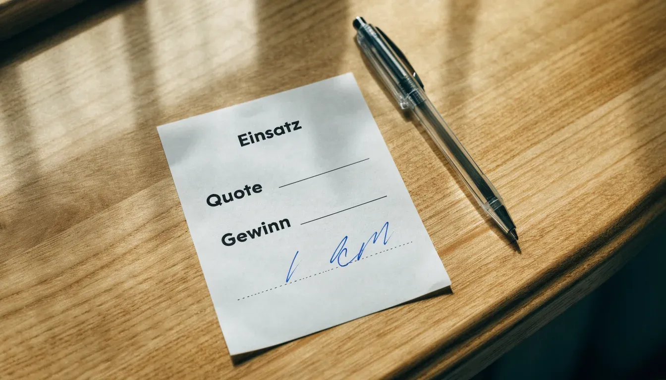 Ein leerer Wettschein aus Papier und ein Kugelschreiber liegen auf einer hölzernen Theke im Nachmittagslicht.