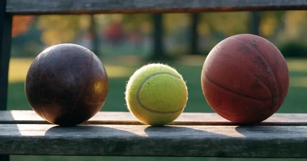 Drei Sportbälle, ein Fussball, ein Tennisball und ein Basketball, liegen nebeneinander auf einer Holzbank.