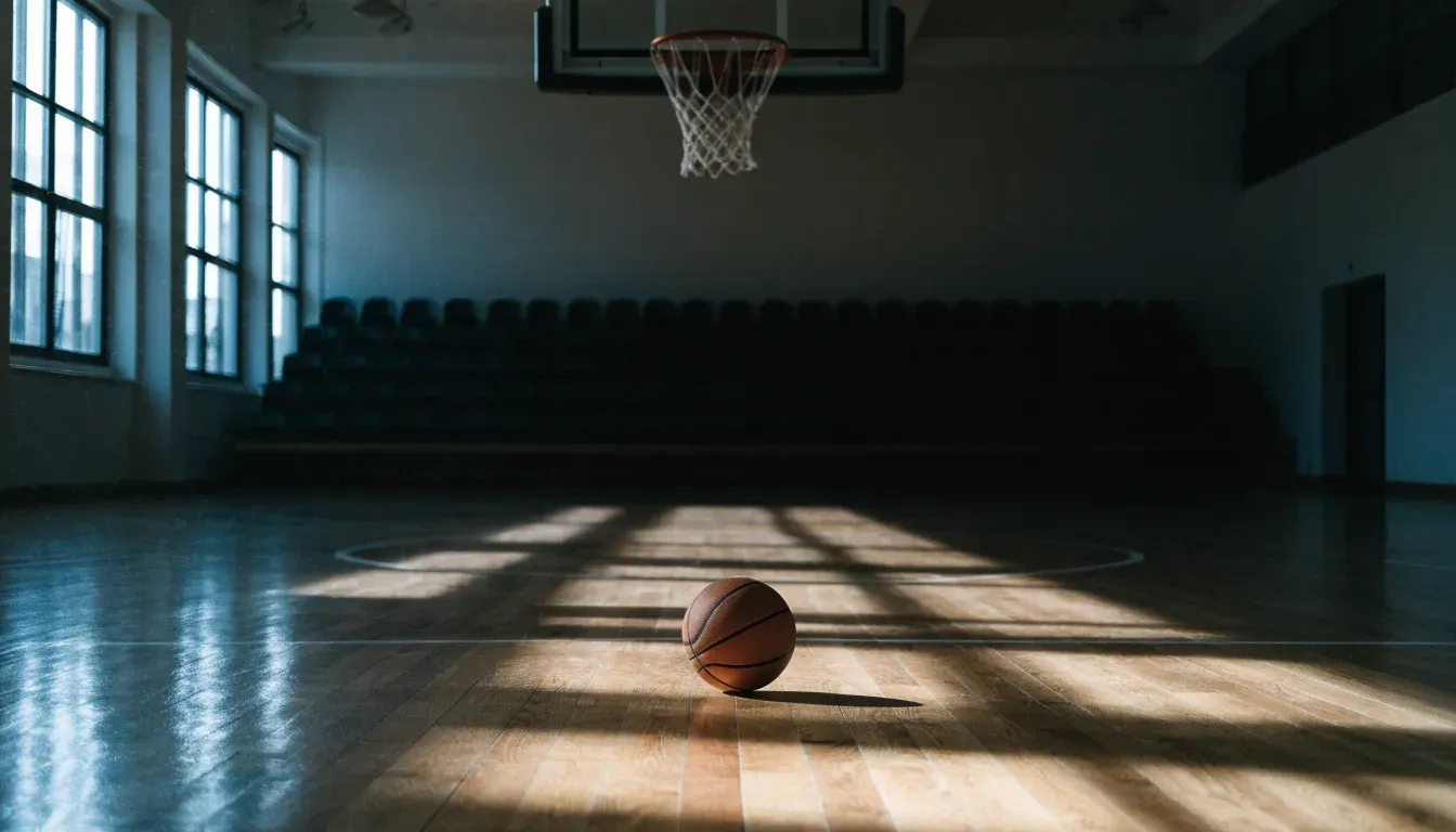 Ein Basketballkorb hängt in einer leeren Turnhalle, durch hohe Fenster fällt Licht auf das Holzparkett.