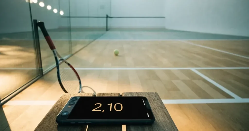 Ein leerer Squashcourt mit weissen Wänden und hellem Holzboden, ein Ball liegt in der Mitte, Deckenlicht spiegelt sich im Parkett.