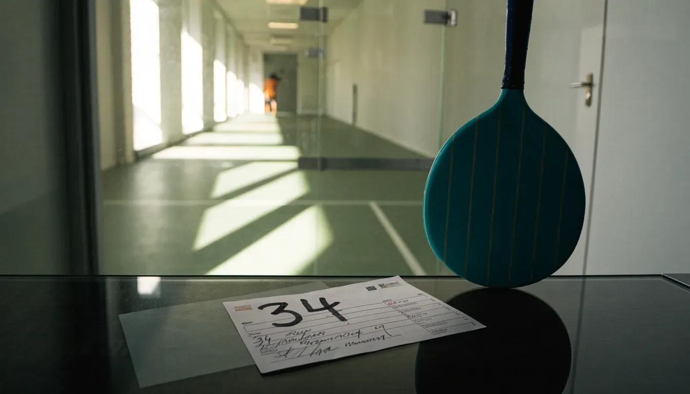 Ein Squashschläger lehnt an der Glaswand eines leeren Courts, draussen fällt Tageslicht in den Gang.