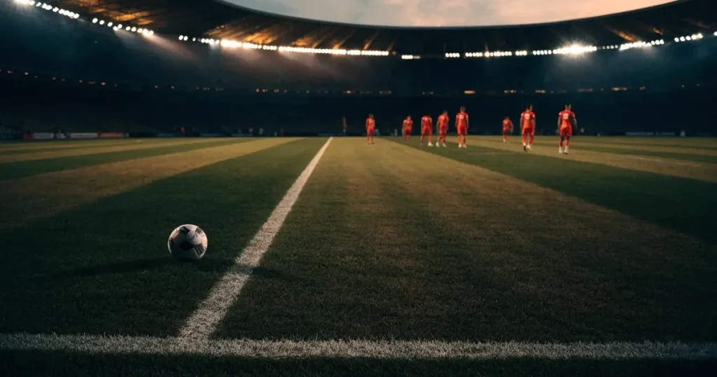 Eine Seitenlinie aus weisser Kreide auf dem Rasen in der Dämmerung, in der Ferne ragt eine hell beleuchtete Stadionschüssel auf.