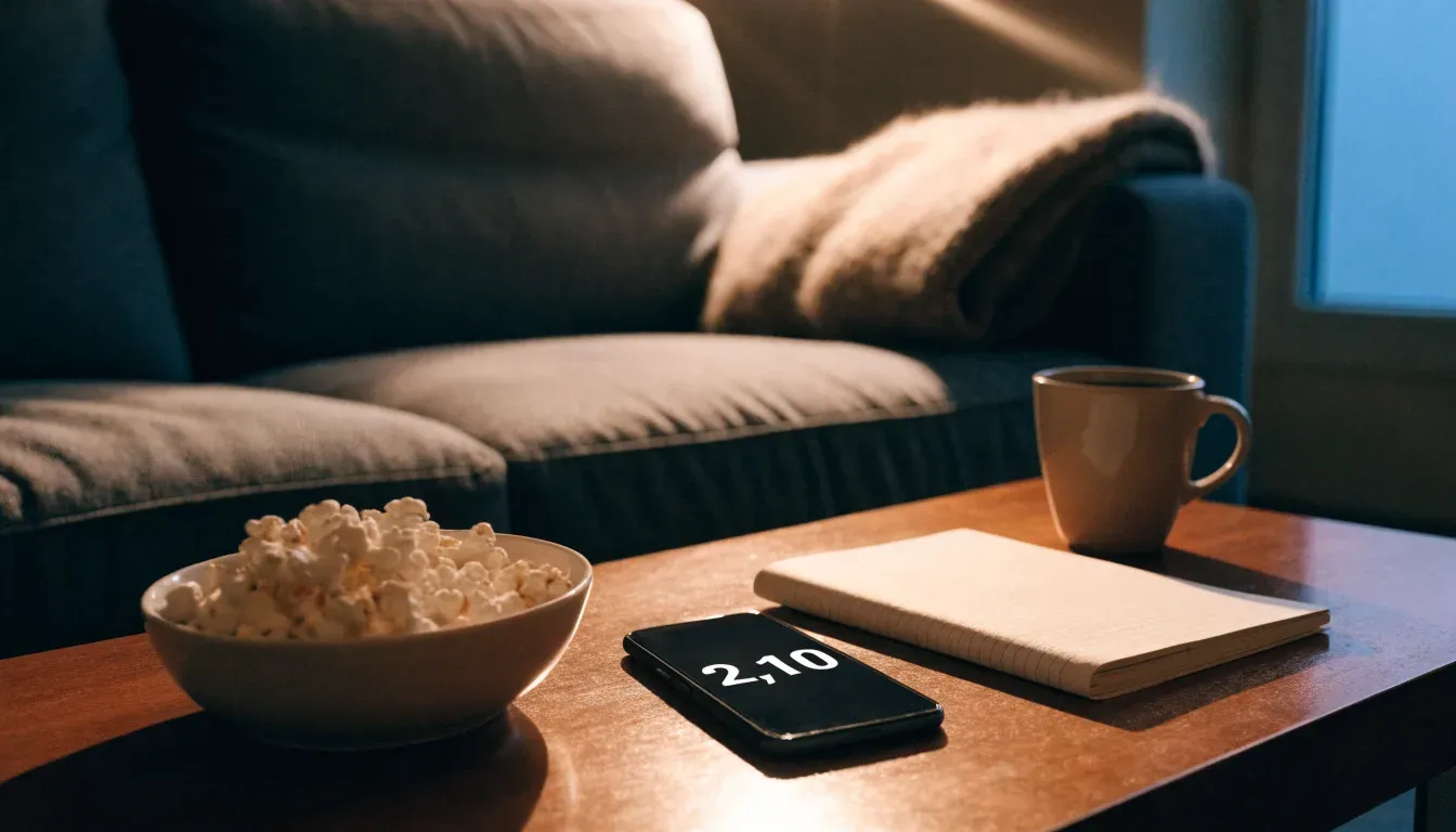 Ein Sofa mit Wolldecke und eine Schale Popcorn auf dem Couchtisch in einem Wohnzimmer bei Lampenlicht am späten Abend.