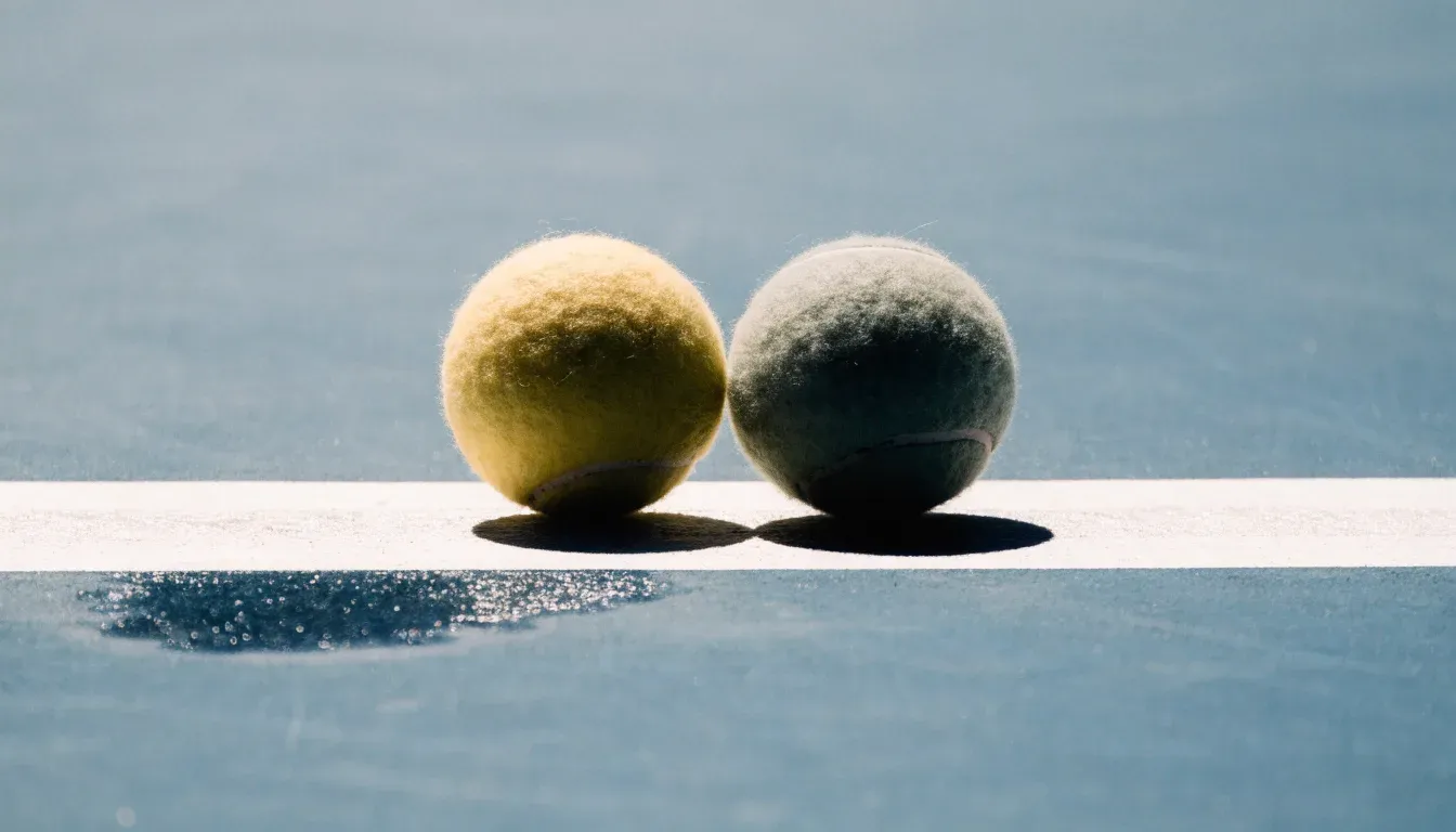 Zwei Tennisbälle liegen auf der weissen Grundlinie eines Hartplatzes im grellen Sonnenlicht.