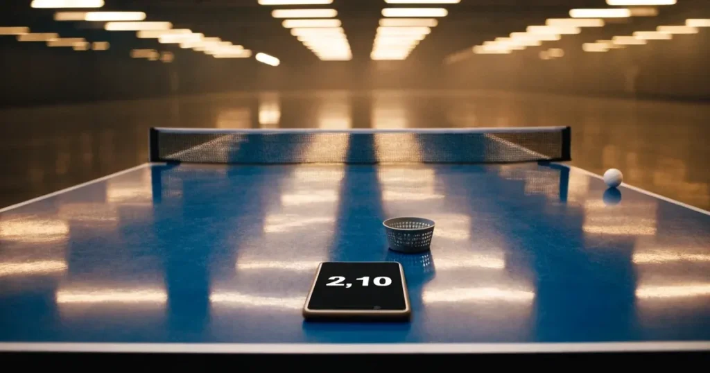 Eine Tischtennisplatte mit Netz in einer leeren Sporthalle, ein heller Ball liegt auf einer Seite, Deckenlicht spiegelt sich im Hallenboden.