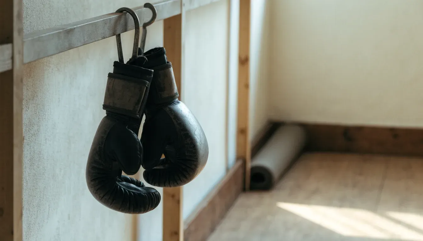 Ein Paar abgegriffener Kampfsporthandschuhe hängt an einem Haken in einem Trainingsraum.