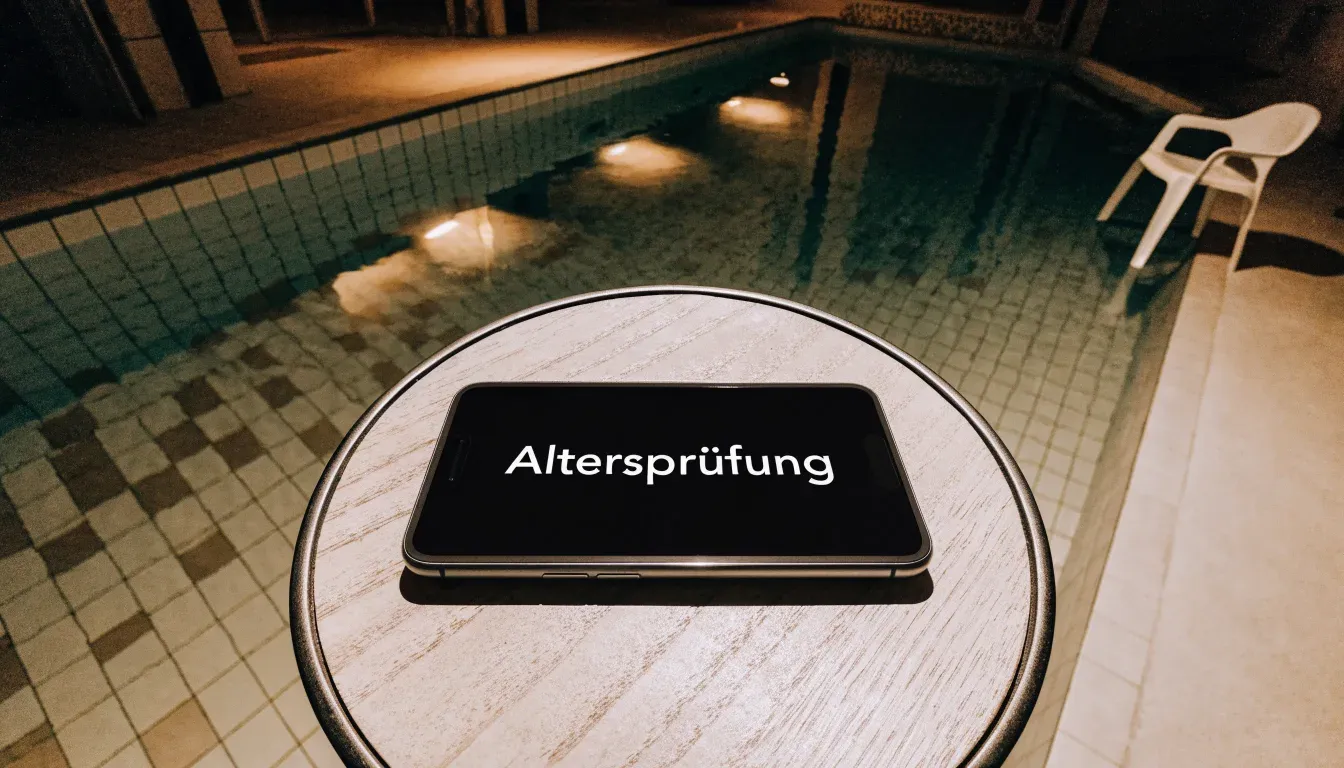 Ein Bademeisterstuhl neben einem Hallenbad zur Schliesszeit, gedimmtes Licht, glatte Wasseroberfläche.