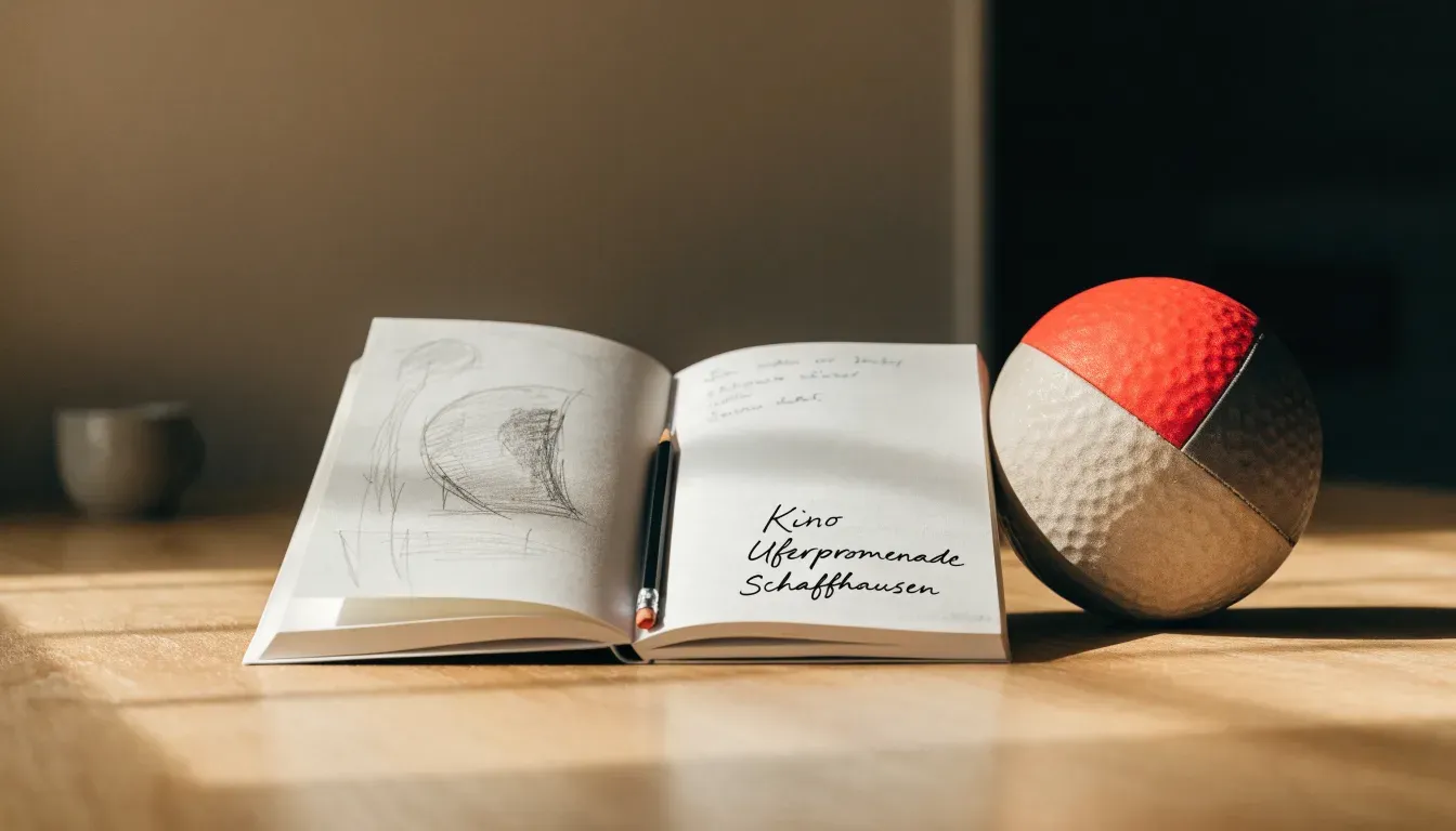 Ein aufgeschlagenes Notizbuch mit Bleistiftskizzen und ein kleiner Fussball liegen auf einem Holztisch im Tageslicht.