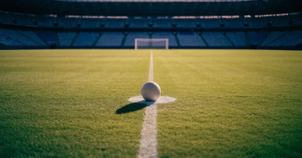 Ein Fussball liegt auf dem Anstosspunkt eines leeren Rasenplatzes, dahinter ragen die Ränge eines grossen Stadions in der Abenddämmerung auf.