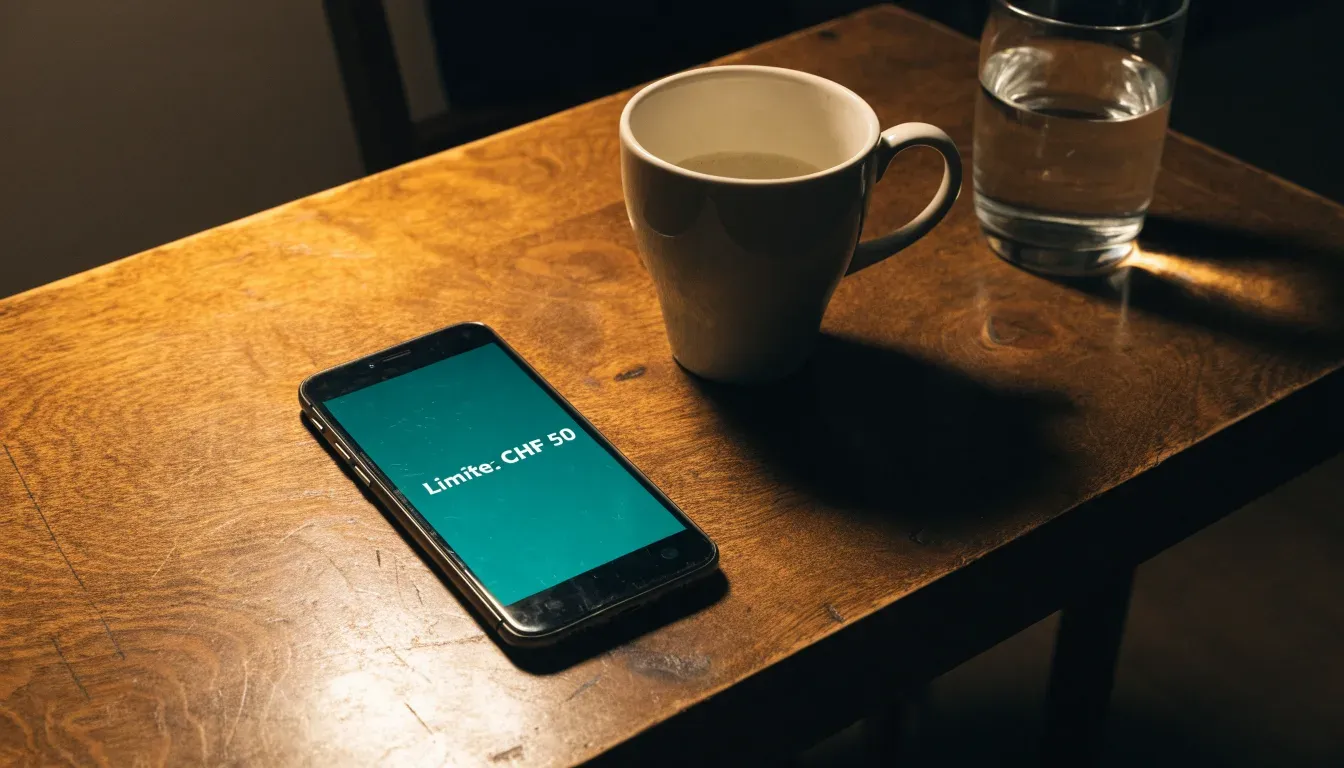 Ein Smartphone mit dunklem Display liegt neben einer Kaffeetasse und einem Glas Wasser auf einem Holztisch im Licht einer Lampe.
