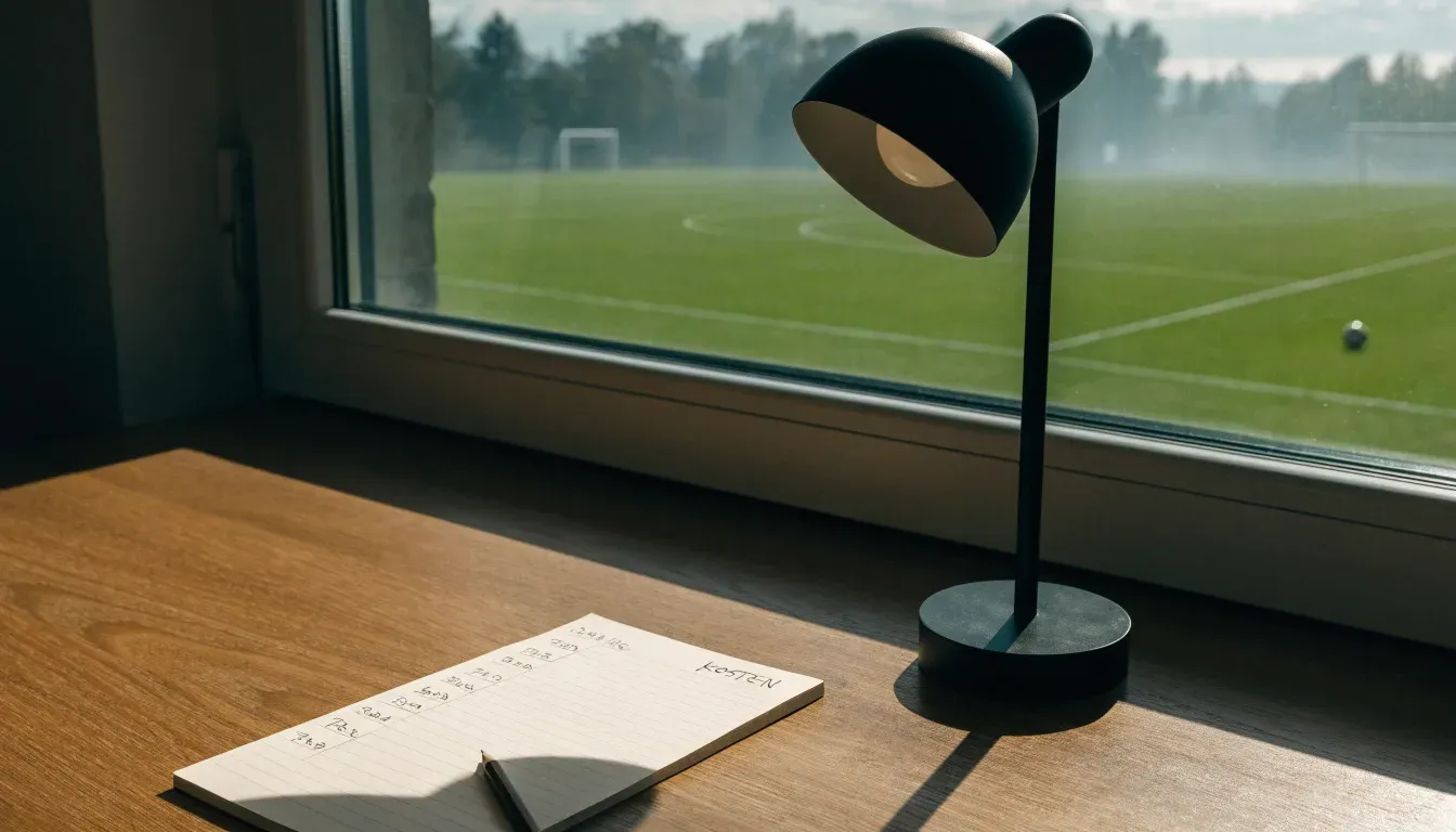 Ein Schreibtisch am Fenster mit Schreibtischlampe, Bleistift und leerem Block, draussen liegt ein Fussballplatz im Dunst.