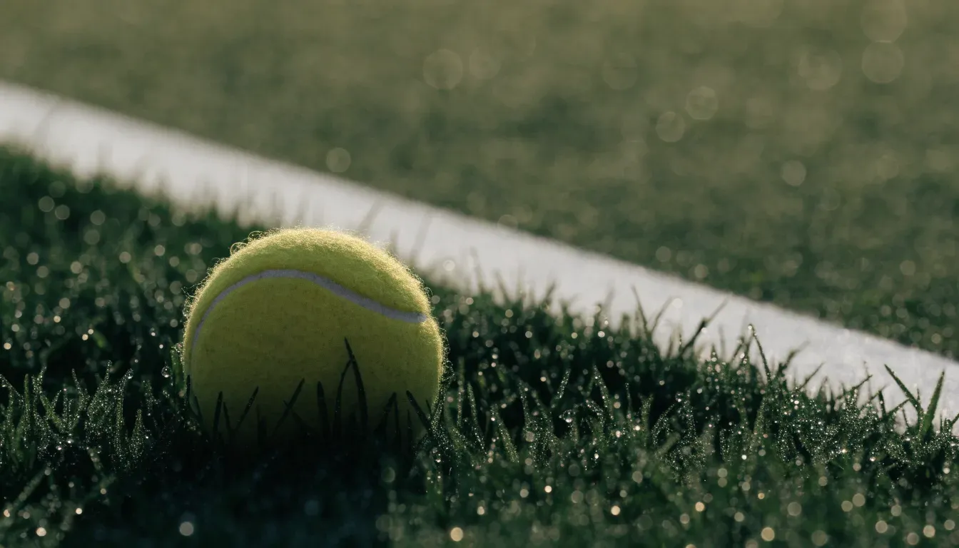 Ein gelber Tennisball liegt im Gras neben der weissen Grundlinie, Tau glitzert auf den Halmen im flachen Sonnenlicht.