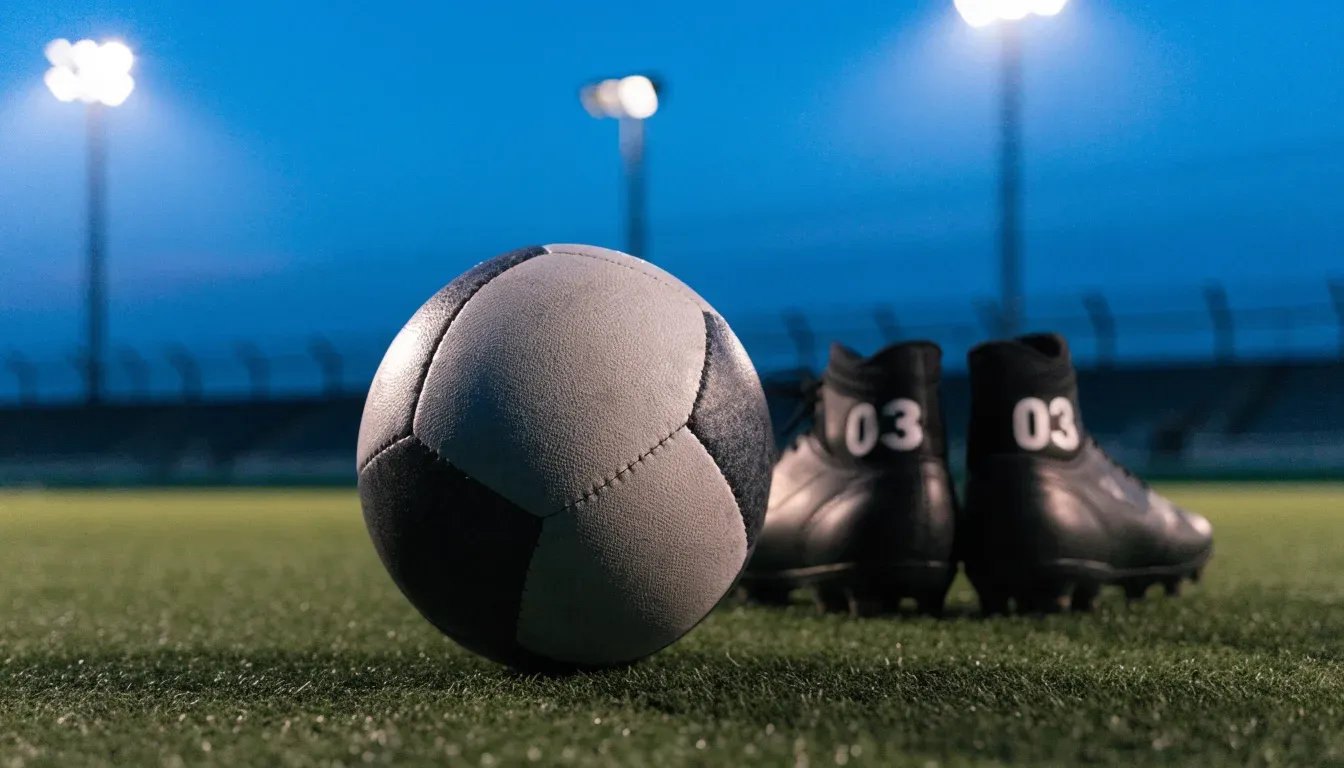 Ein Fussball und ein Paar Stollenschuhe stehen am Rand eines Kunstrasenplatzes, Flutlichtmasten ragen in den Abendhimmel.