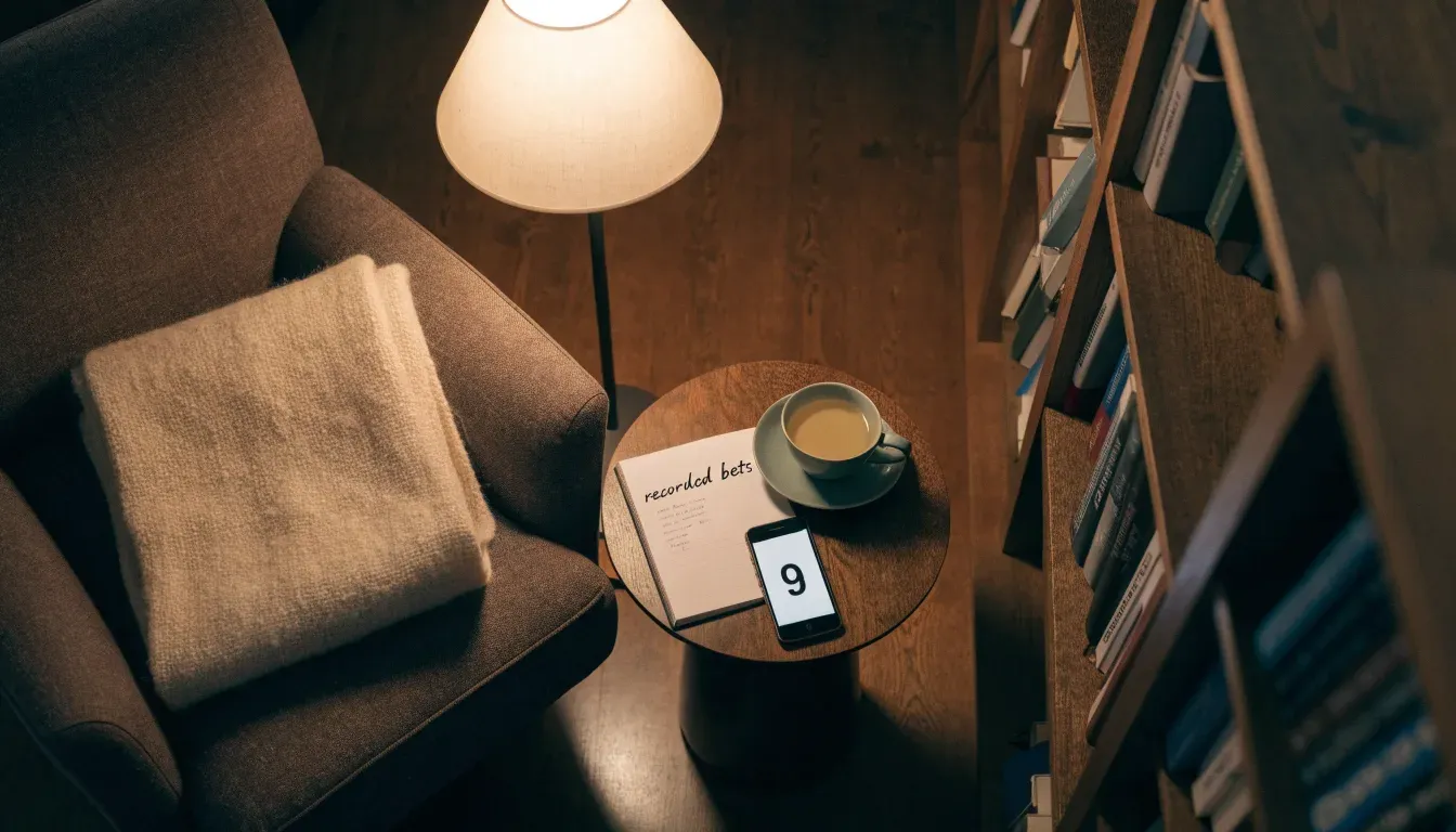 Ein Lesesessel mit Wolldecke steht neben einem Bücherregal und einer Stehlampe, auf dem Tisch eine Teetasse.